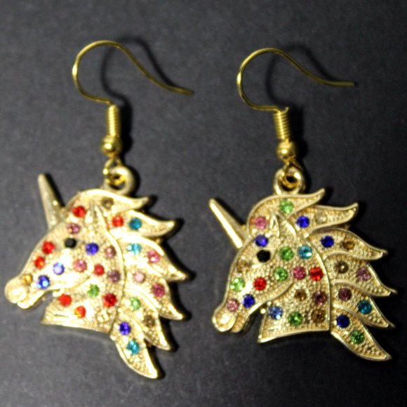 Unicorn Dangle Earrings Gold Plated Crystal Charms NWT - Picture 2 of 5